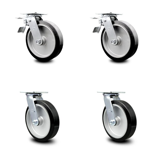 8 Inch Rubber on Aluminum Caster Set with Roller Bearing 2 Total Lock Brake SCC